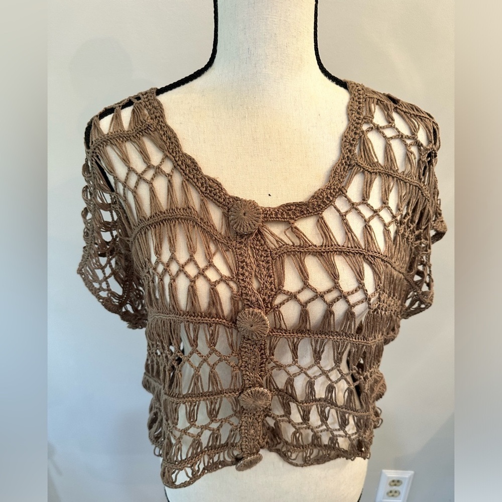 Blue bird crochet knit top in brown size small